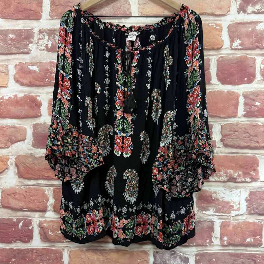 Bila Tunic Top Women's XXL Black Multicolor Boho Floral Crinkle Casual Shirt - Picture 7 of 9